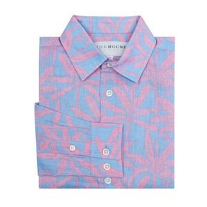 Pink House Mustique Kid’s Pink Blue Palm Tree Linen Shirt‎ Size 12